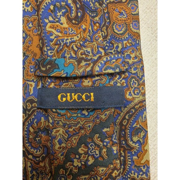 Vintage Gucci Paisley Silk Tie Made In Italy Brown Blue 1980s Designer - Picture 6 of 10